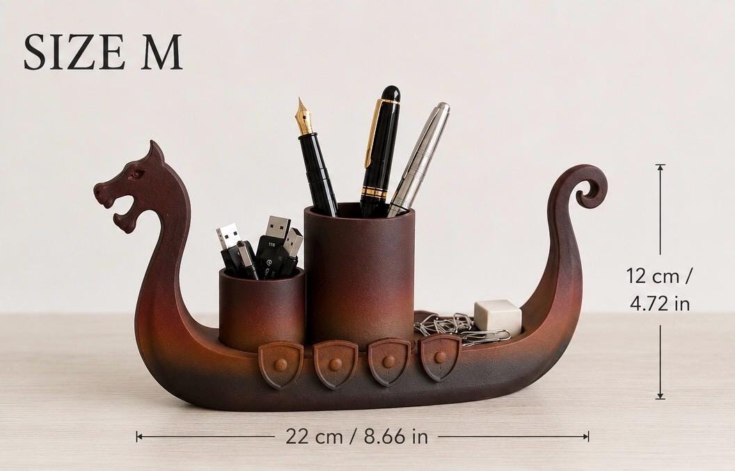 Viking Ship Desk Organizer, Norse Mythology Dragon Boat Pen Holder, 3D Printed Accessory
