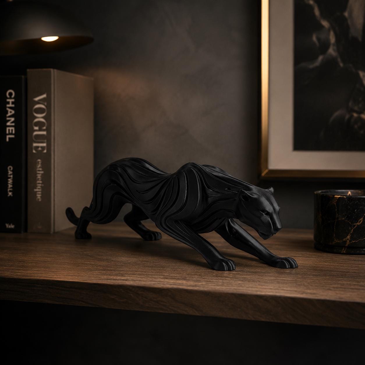 Matte Black Panther Sculpture, Modern Stalking Big Cat Statue, 3D Printed Decor