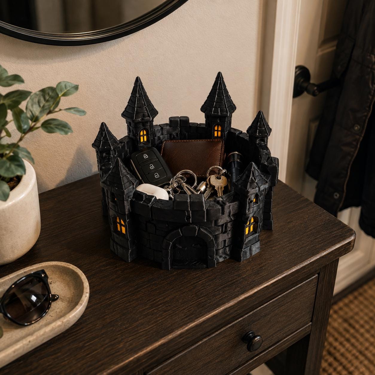 3D Printed Gothic Castle Catch-All Tray, Halloween Candy Bowl, Spooky Key & Wallet Organizer, Haunted Castle Desk Decor, Halloween Decor