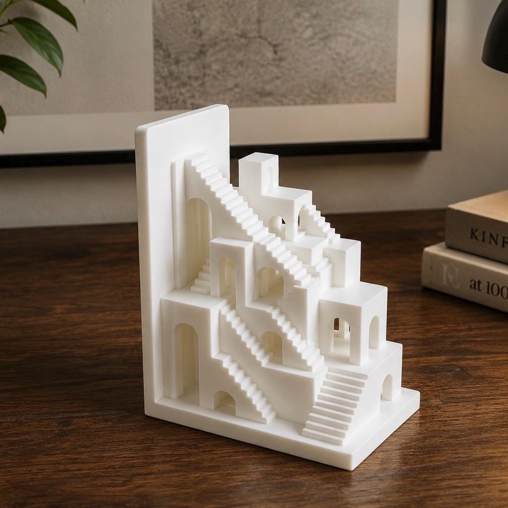 Surreal Staircase Bookend, Architectural Book Holder, Modern Geometric Shelf Decor, Unique Gift for Book Lovers, 3D Printed Bookend