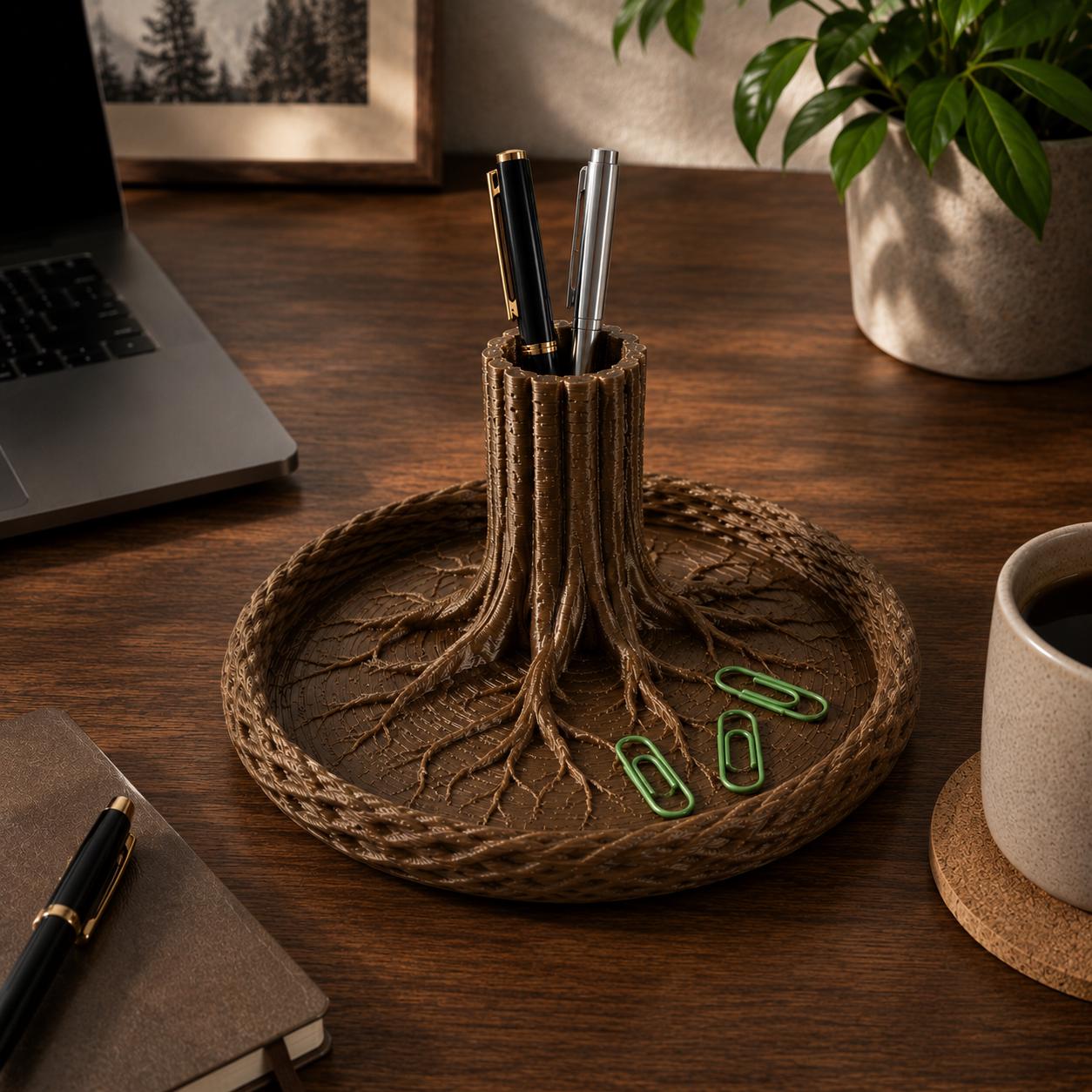 Tree Root Desk Organizer, 3d printed Pen Holder Catchall Tray, Rustic Woodland Office Storage