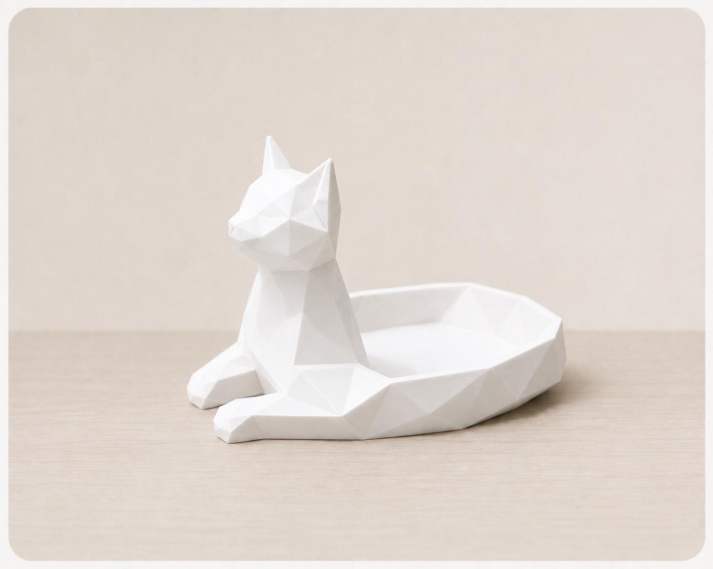 Geometric Low-Poly Cat Jewelry Dish, 3D Printed Trinket Tray, Modern Decor