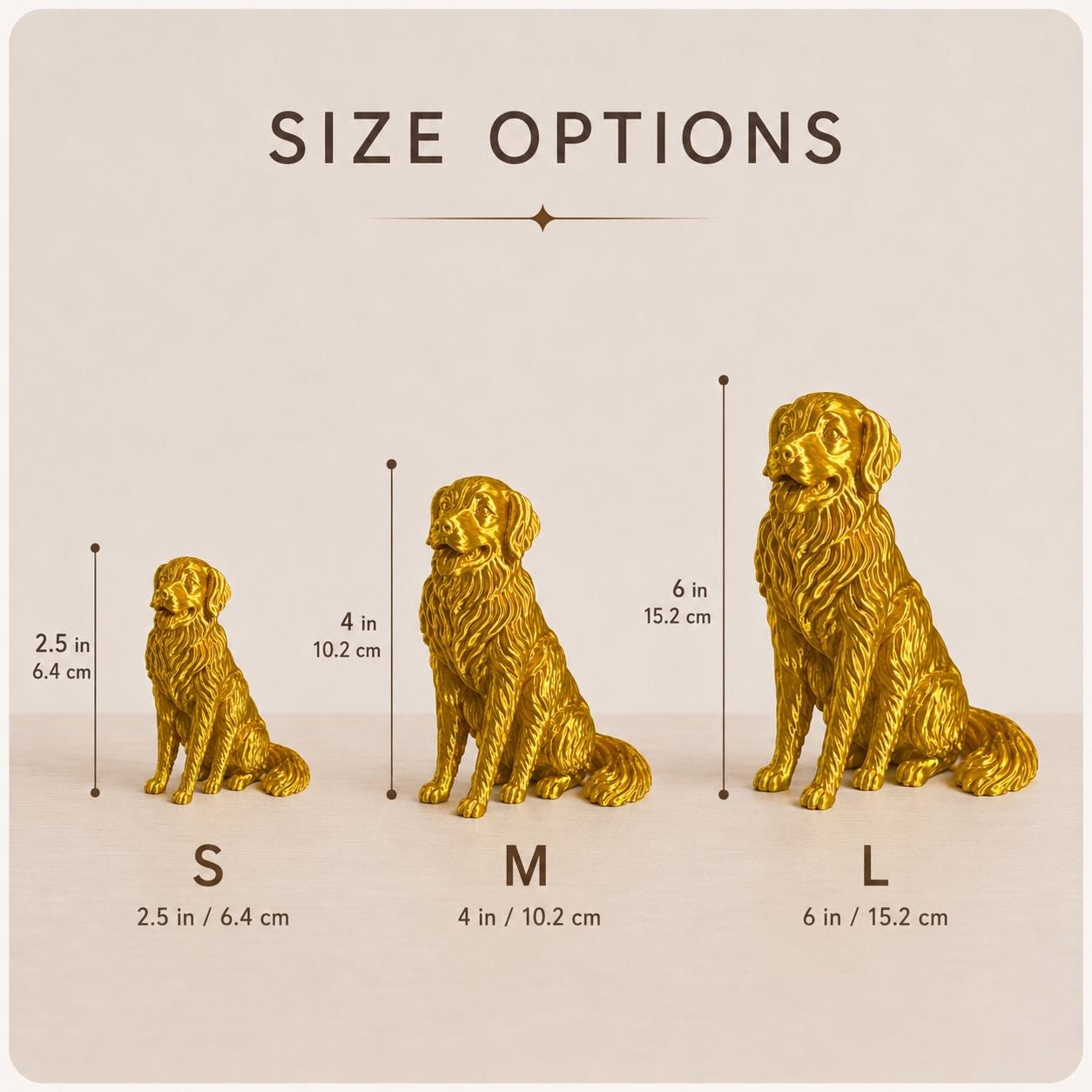 Golden Retriever Figurine, 3D Printed Dog Statue, Gold Finish Shelf Decor
