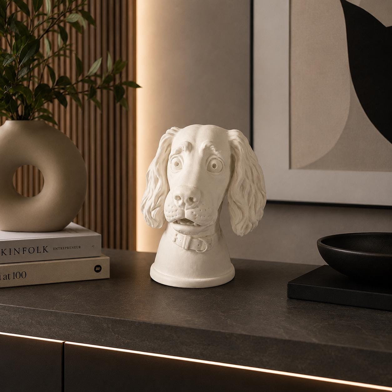 3D Printed Spaniel Dog Bust Sculpture, Expressive Eyes, Playful Character Shelf Decor