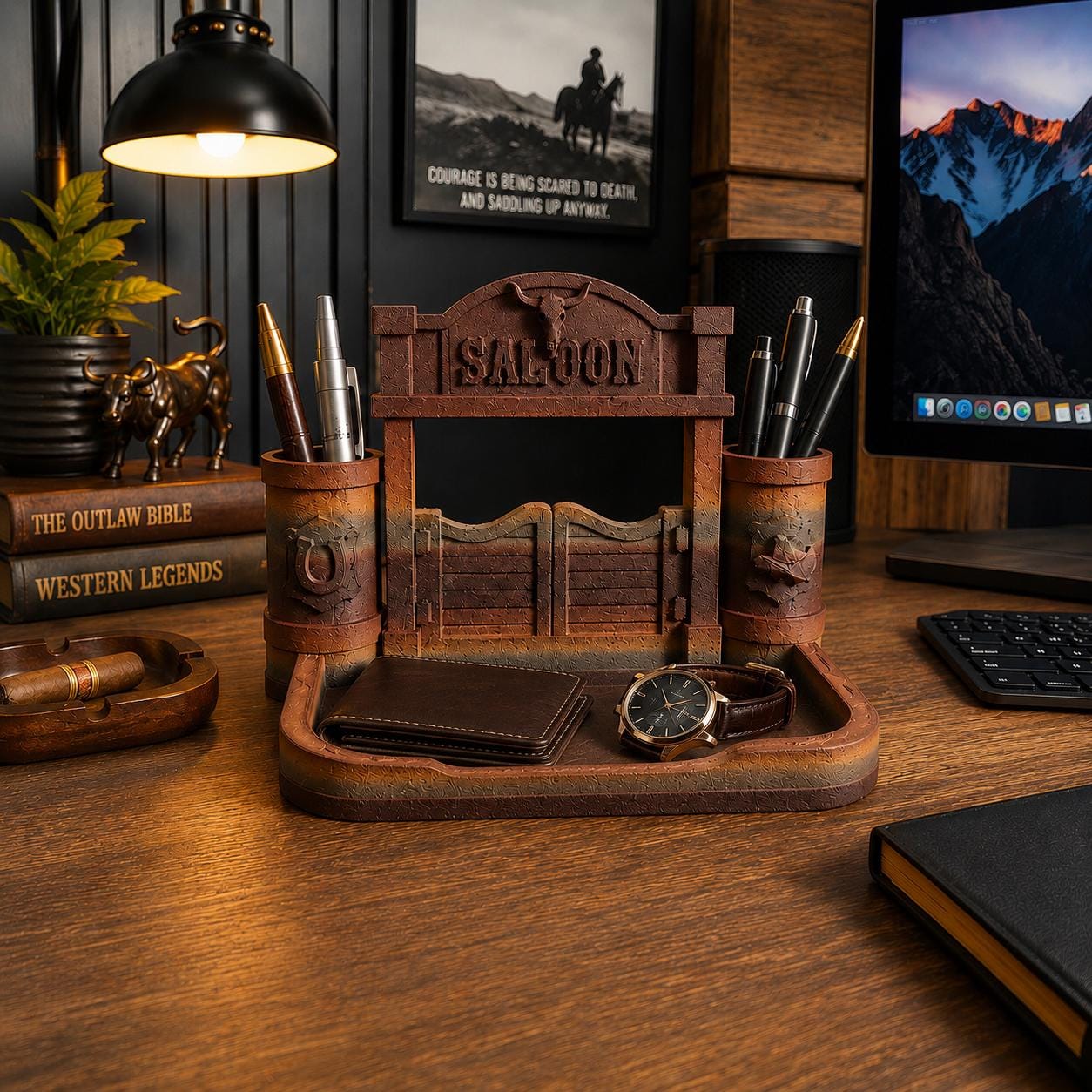 Wild West Saloon Desk Organizer, 3D Printed Pen Holder, Rustic Office Decor