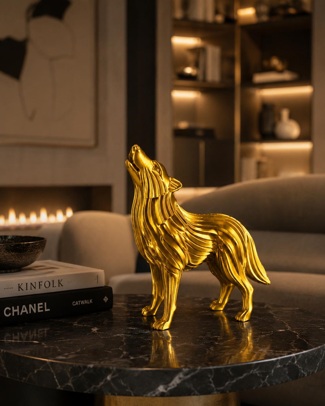 Howling Wolf Figurine, Metallic Gold 3D Printed Sculpture, Modern Wildlife Decor