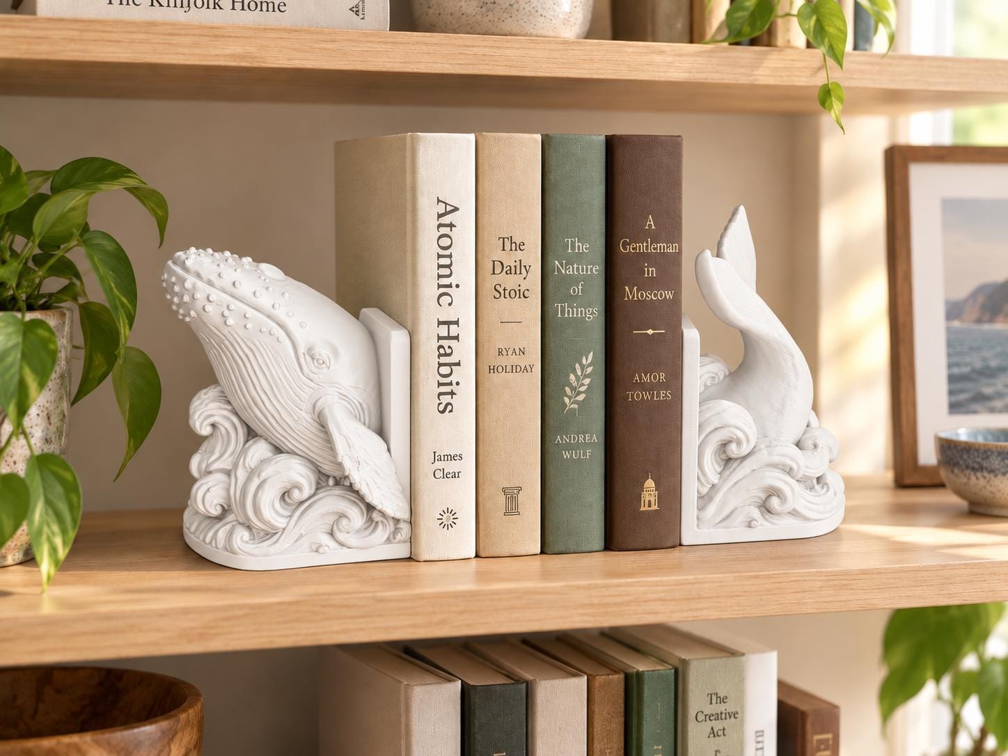 Whale Bookends Set of 2, 3D Printed Ocean Waves Book Holders, Coastal Bookshelf Decor, Gift for Book Lovers