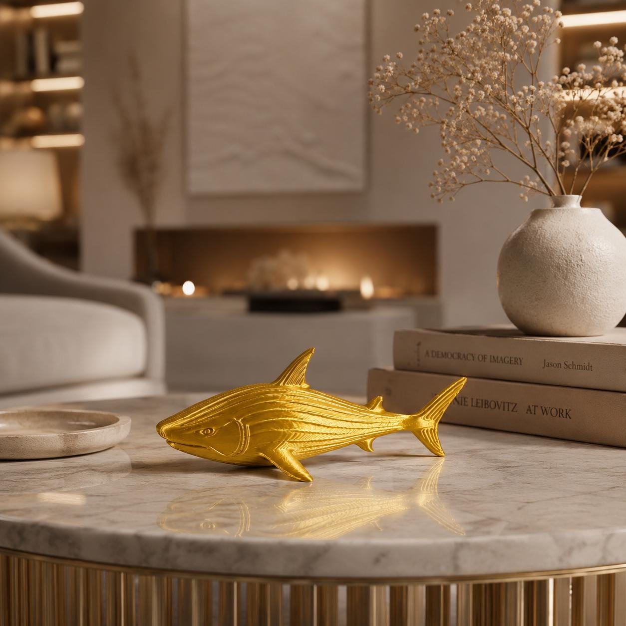 Golden Shark Figurine, 3D Printed Sculpture, Metallic Finish, Coastal Shelf Decor