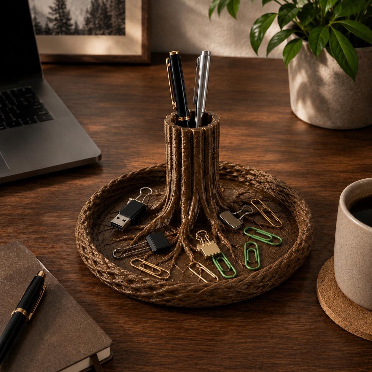 Tree Root Desk Organizer, 3d printed Pen Holder Catchall Tray, Rustic Woodland Office Storage