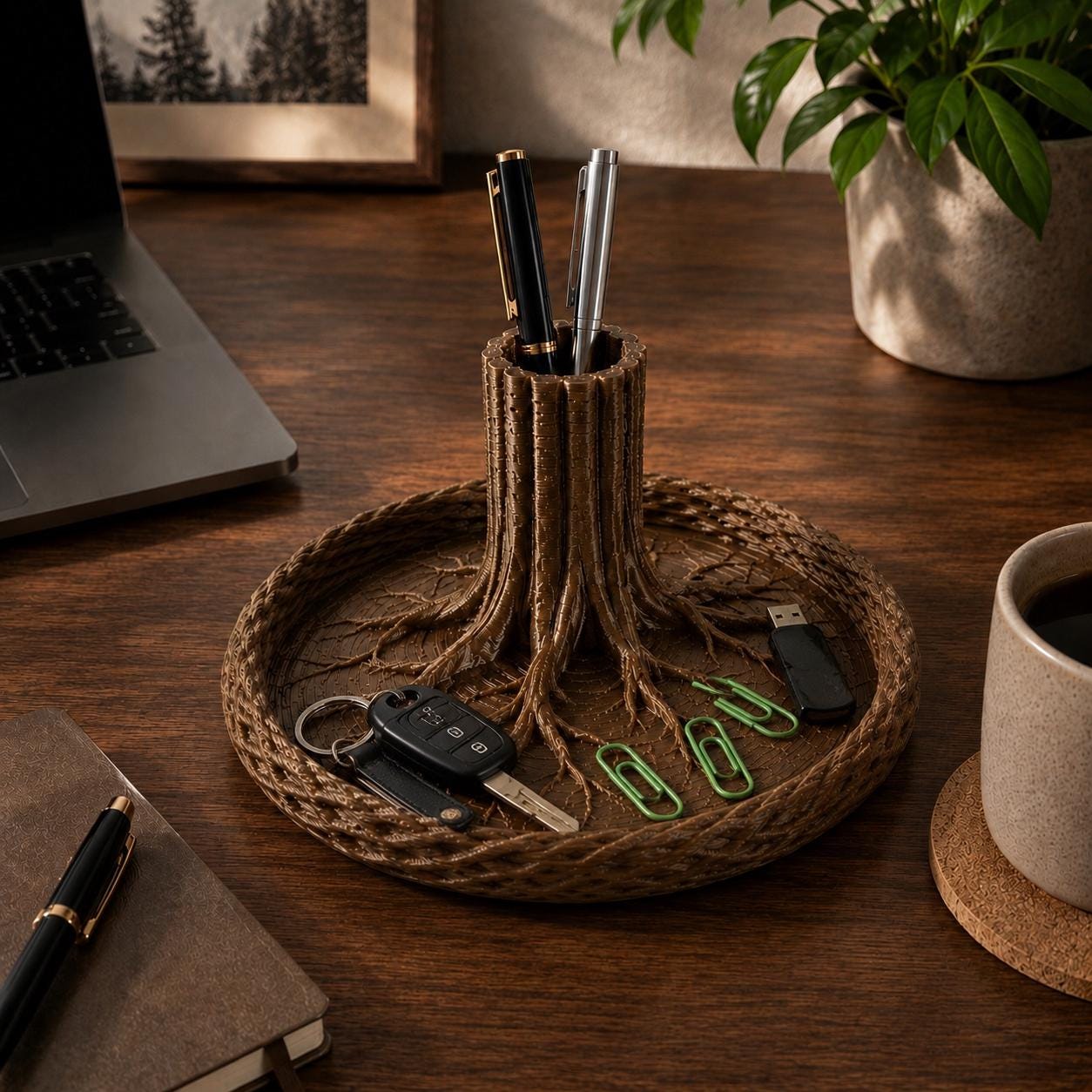 Tree Root Desk Organizer, 3d printed Pen Holder Catchall Tray, Rustic Woodland Office Storage