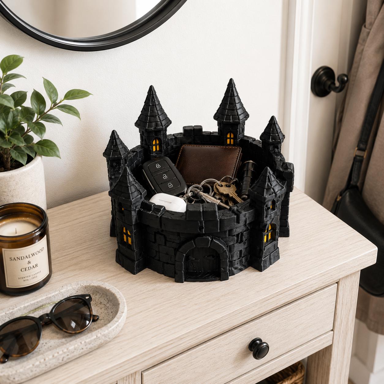 3D Printed Gothic Castle Catch-All Tray, Halloween Candy Bowl, Spooky Key & Wallet Organizer, Haunted Castle Desk Decor, Halloween Decor