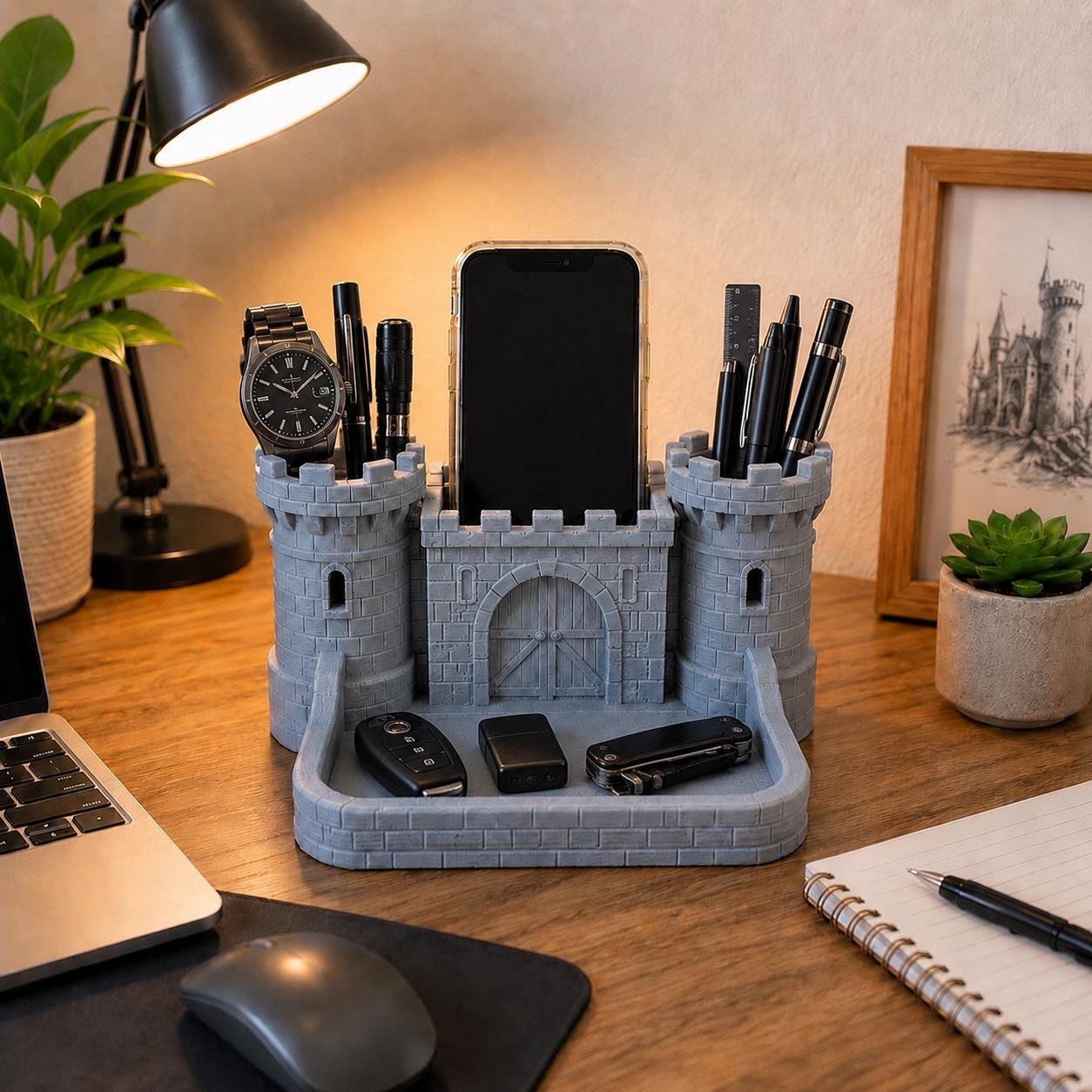 Castle Desk Organizer, Medieval Phone Stand, Pen Holder, Key Tray, Fantasy Decor