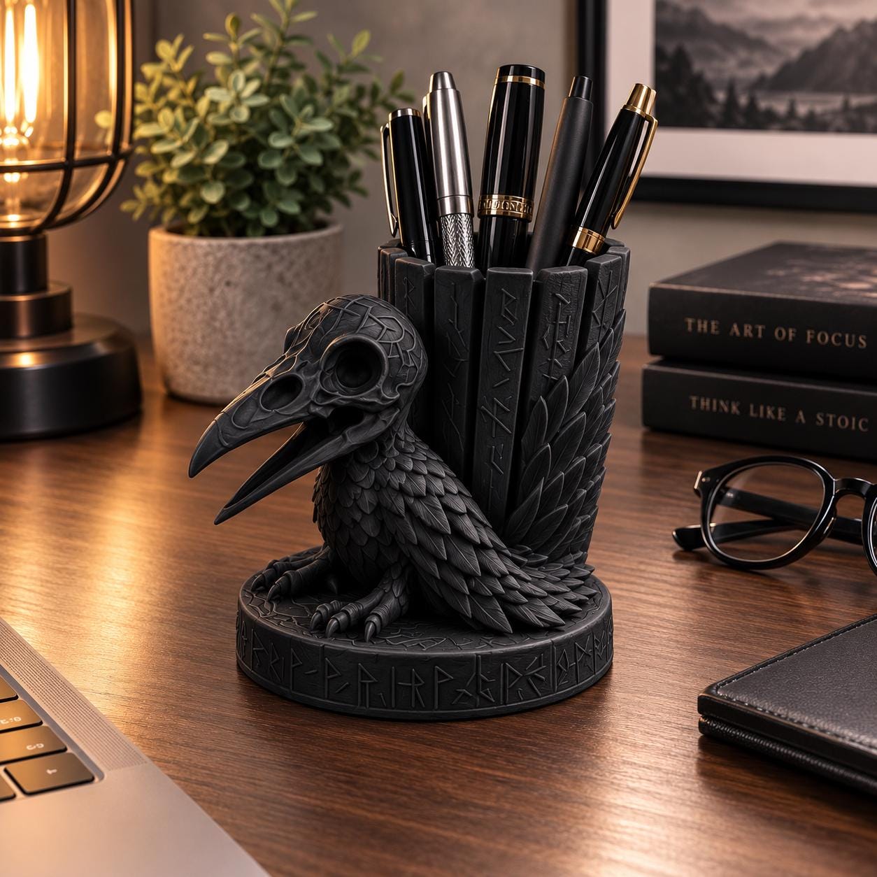 Raven Skull Pen Holder, Gothic Desk Organizer, Viking Rune Pencil Cup, Crow Skeleton Office Decor