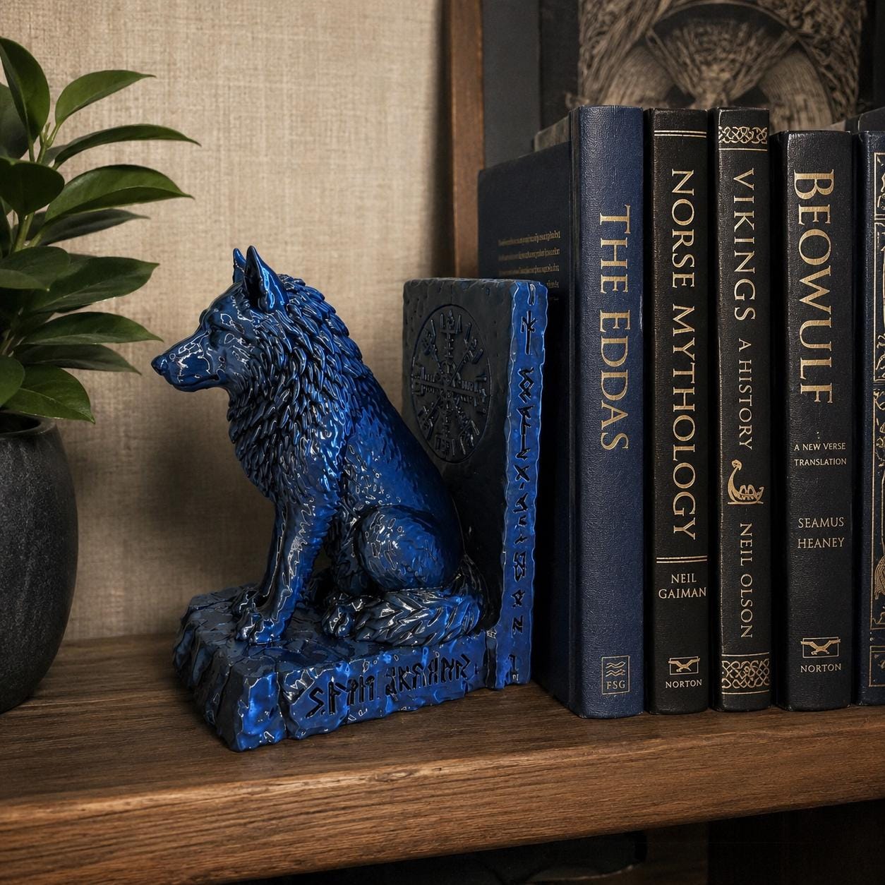 Viking Wolf Bookend | Norse Mythology Book Holder | Rune Bookshelf Decor | 3D Printed Wolf Statue | Fantasy Home Decor