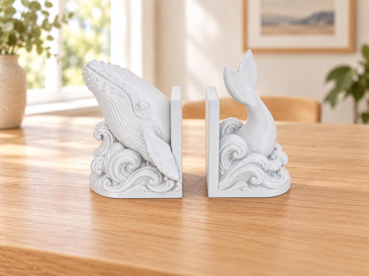 Whale Bookends Set of 2, 3D Printed Ocean Waves Book Holders, Coastal Bookshelf Decor, Gift for Book Lovers