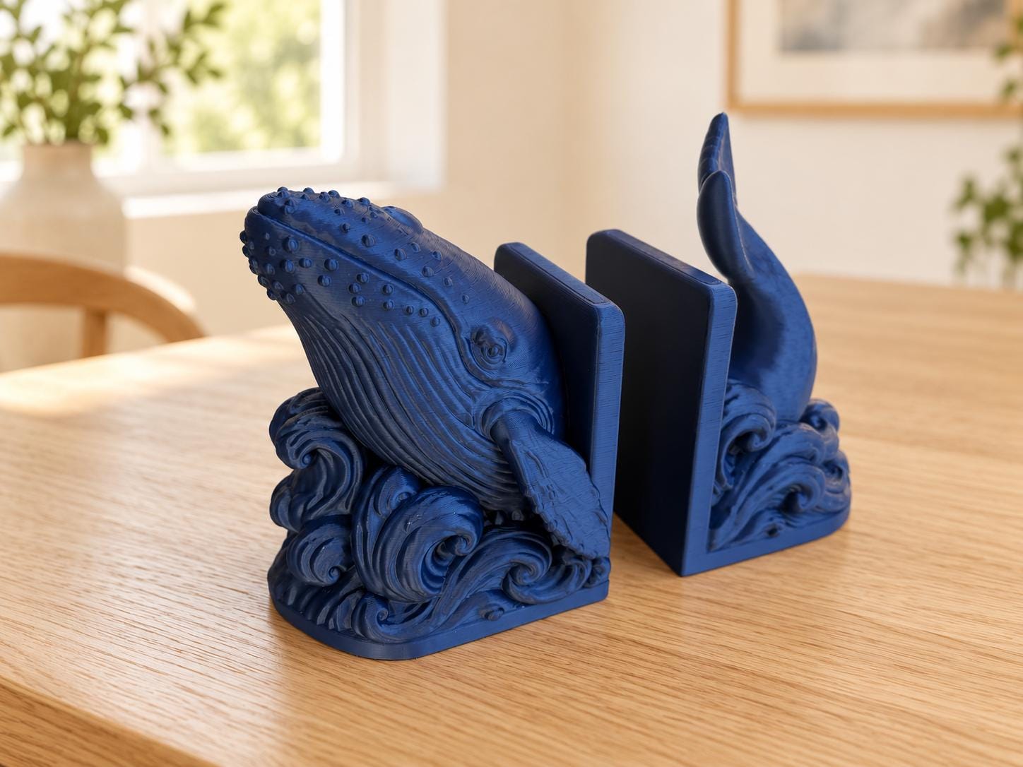 Whale Bookends Set of 2, 3D Printed Ocean Waves Book Holders, Coastal Bookshelf Decor, Gift for Book Lovers